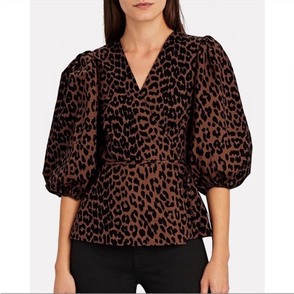 NWT - Ganni Size 38 Leopard Print Cotton Poplin Wrap V-Neck Puff Sleeve Blouse - Picture 1 of 9
